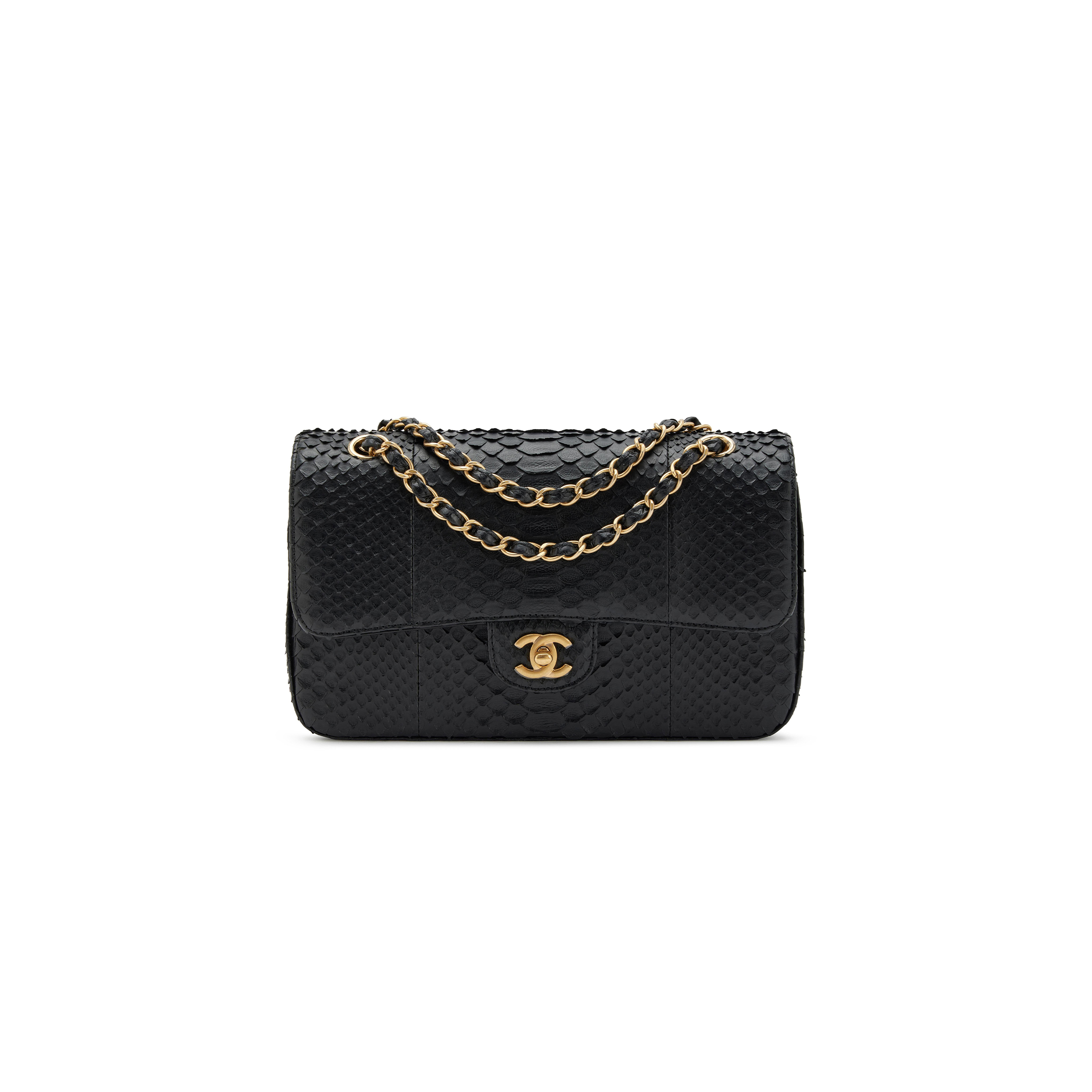CHANEL MASTER BLACK PYTHON MEDIUM CLASSIC DOUBLE FLAP BRUSHED GOLD HARDWARE 4152760 (25.5*15.5*6.5cm)
